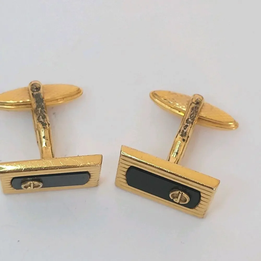 Dunhill D Cufflinks Gold Onyx Black Tone Logo Square Designer Logo Vintage Fair